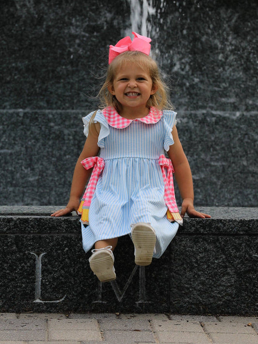 Girls Striped Lapels Bow Dress