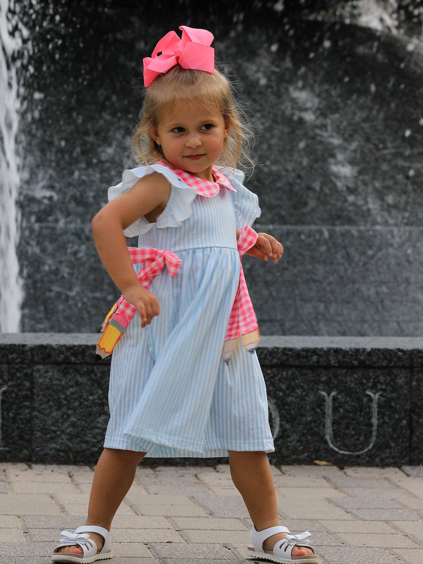 Girls Striped Lapels Bow Dress