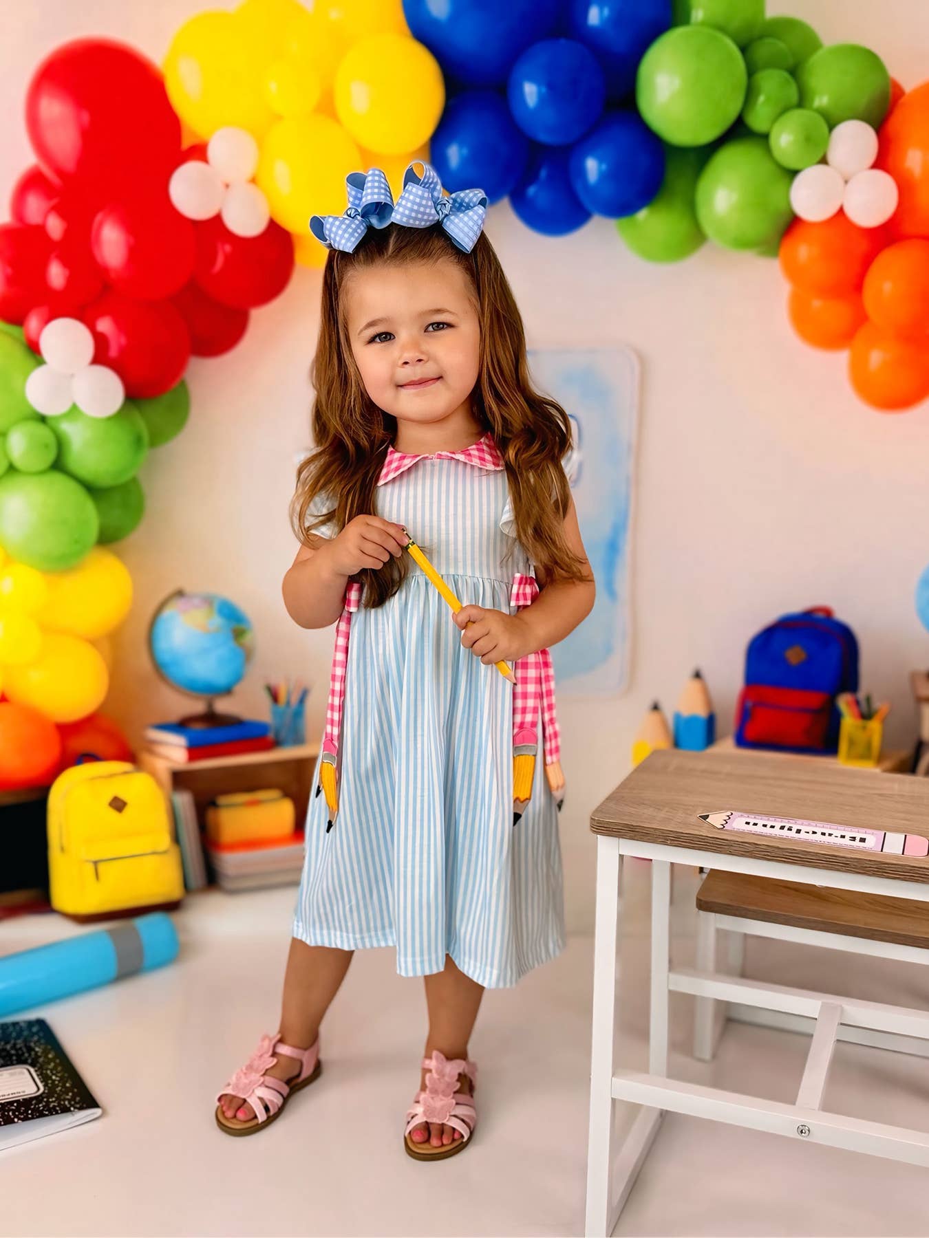 Girls Striped Lapels Bow Dress