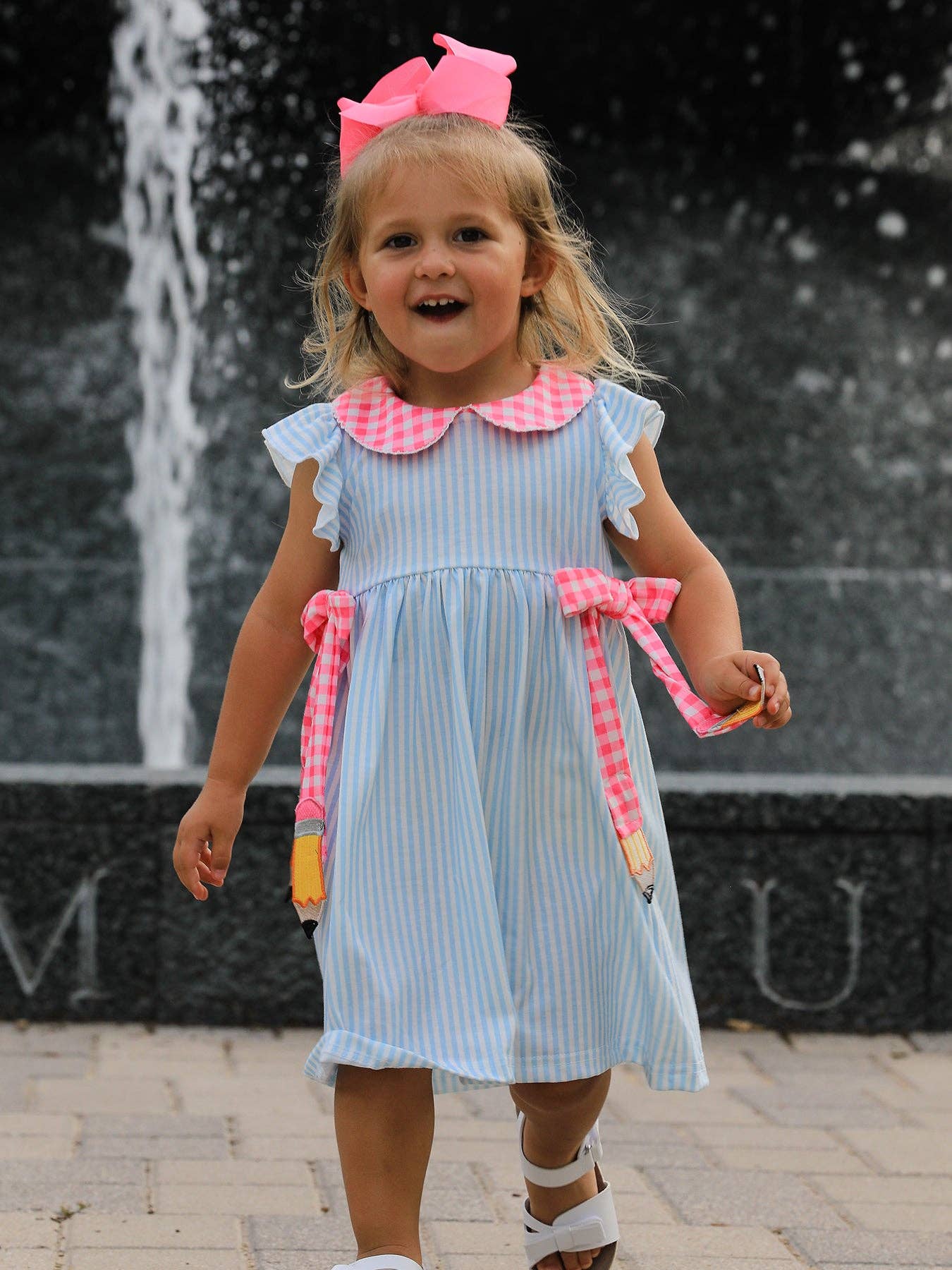 Girls Striped Lapels Bow Dress