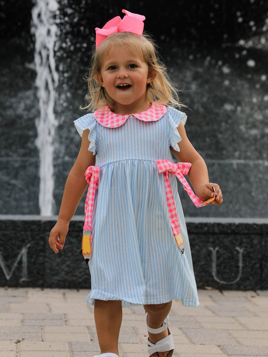 Girls Striped Lapels Bow Dress