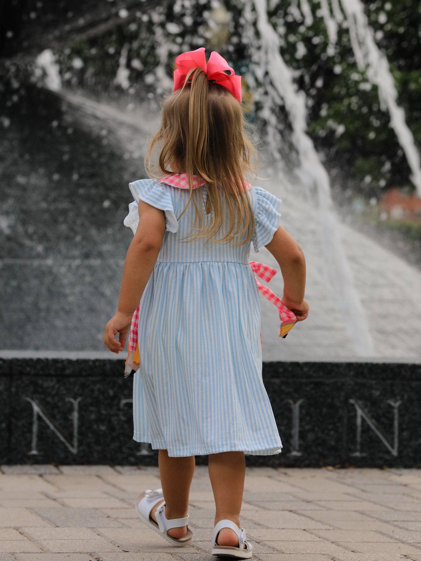 Girls Striped Lapels Bow Dress