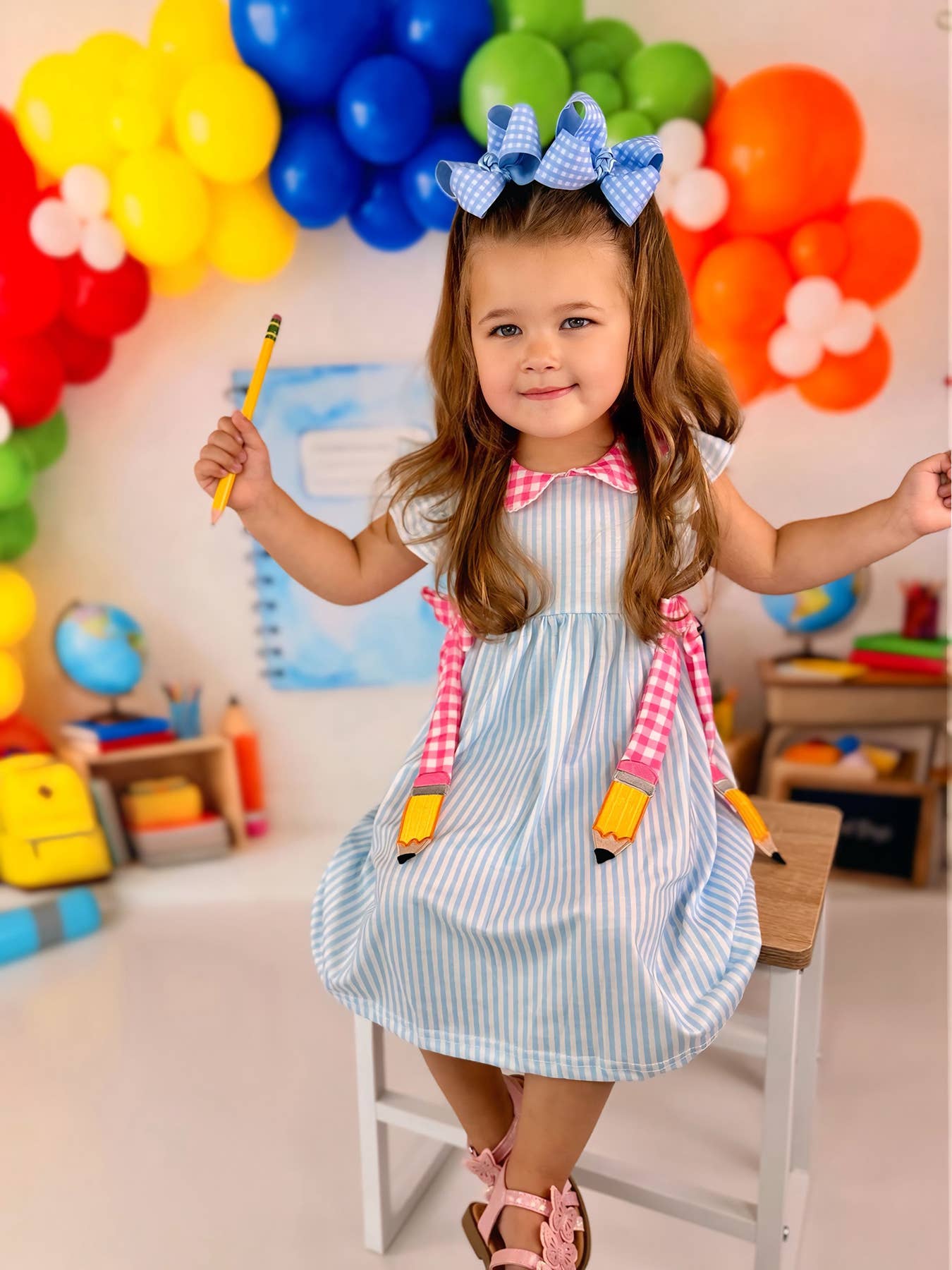 Girls Striped Lapels Bow Dress