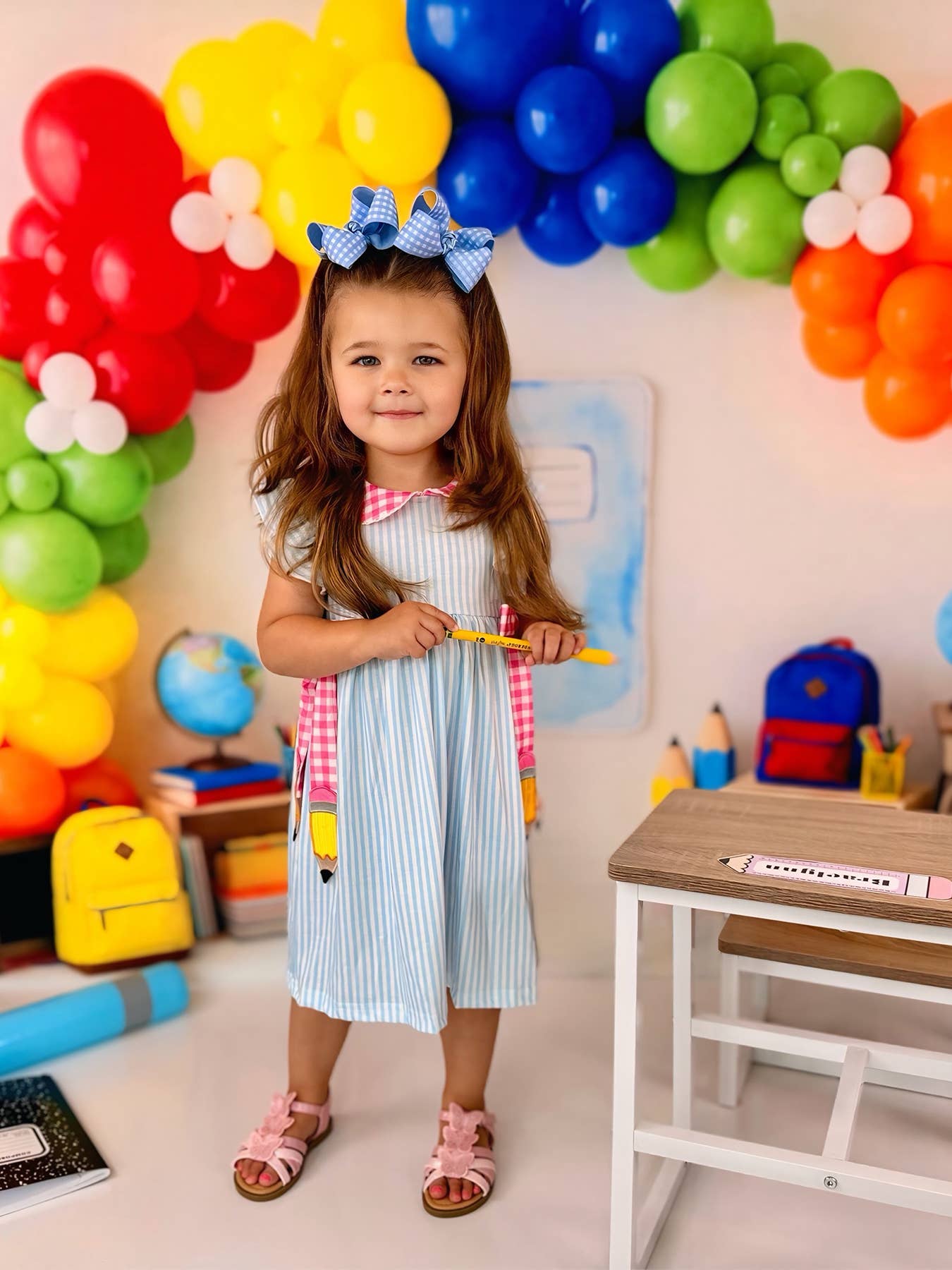 Girls Striped Lapels Bow Dress