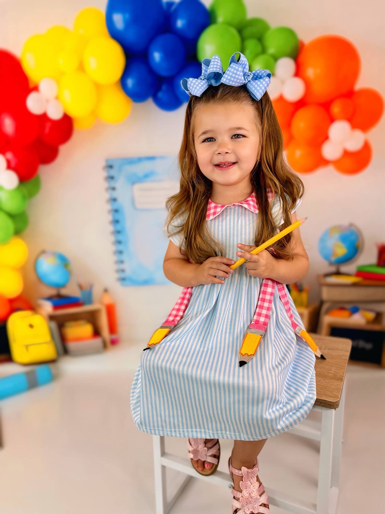 Girls Striped Lapels Bow Dress